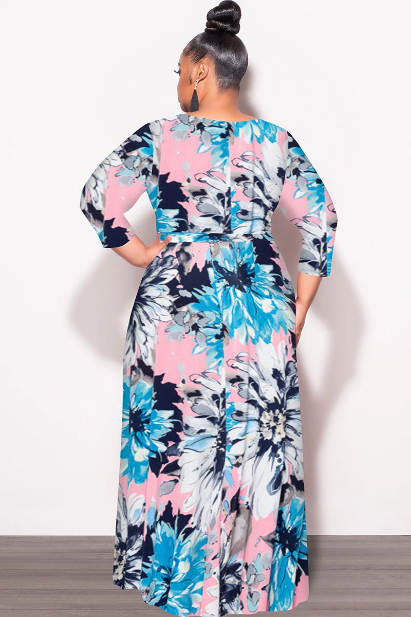 Quick Dry Fit Flattering Cut Final Sale Plus Size Faux Wrap Dress in Blue Floral Print