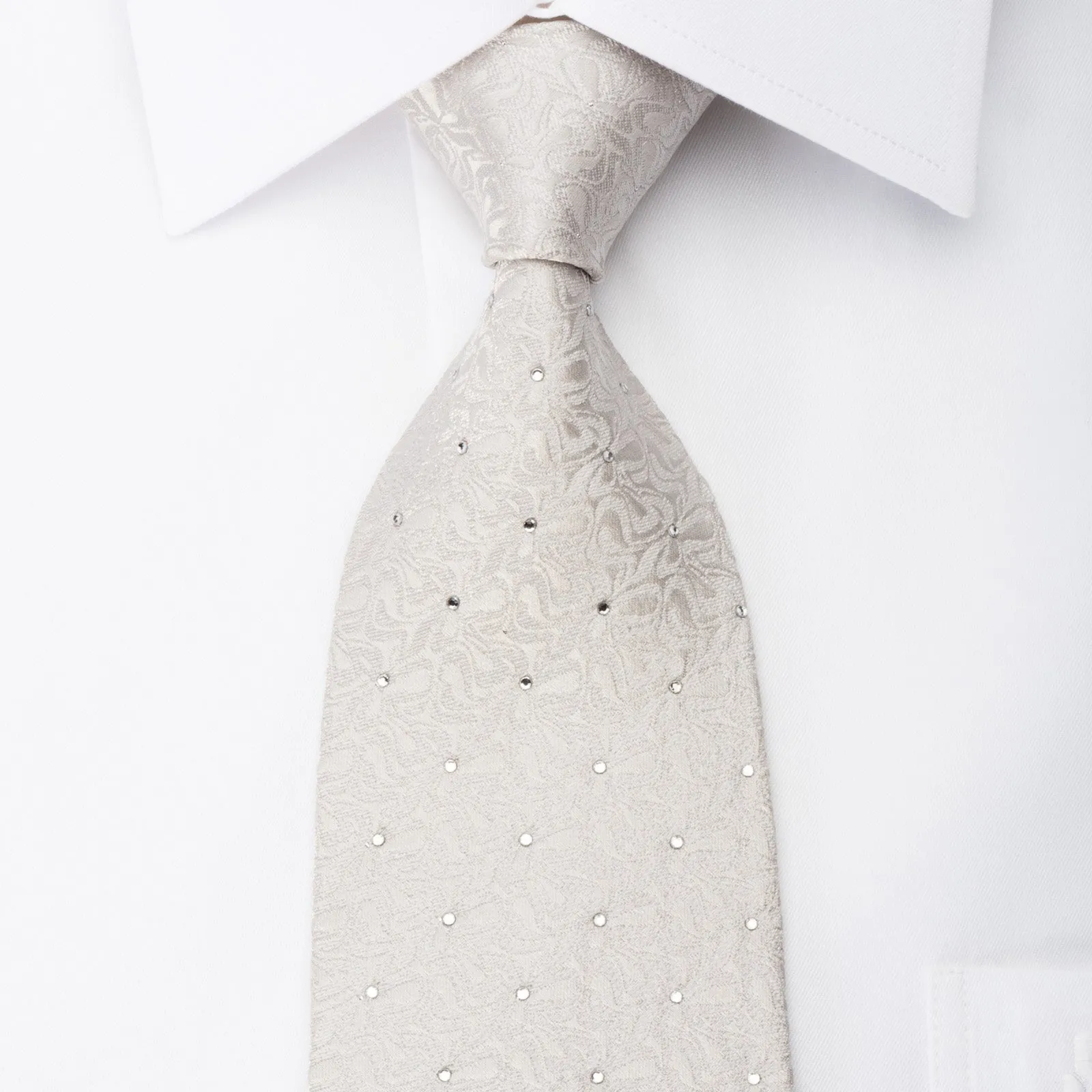 Elle Homme Men's Silk Necktie Sparkling Rhinestones On Ivory White Woven Silk
