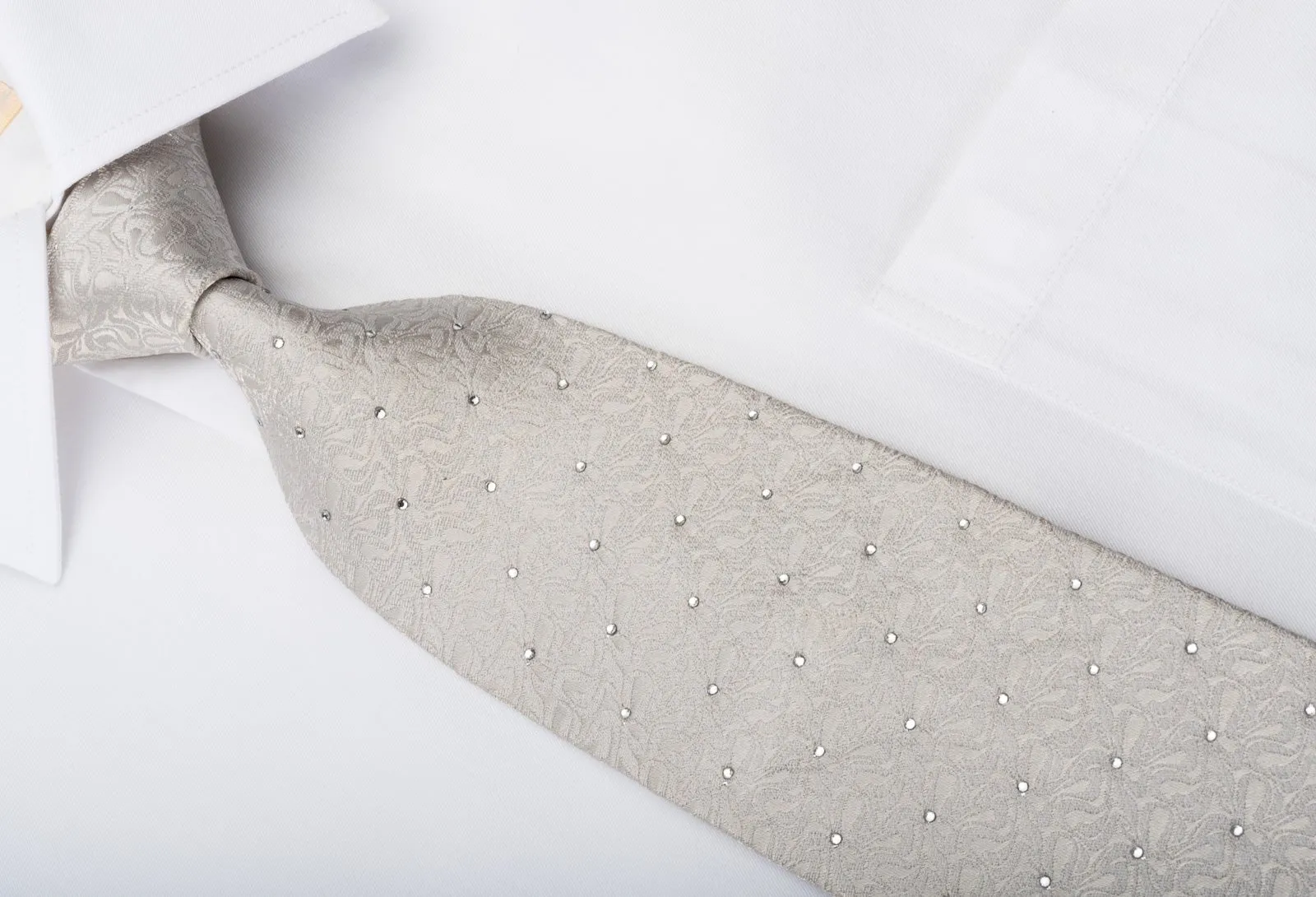 Elle Homme Men's Silk Necktie Sparkling Rhinestones On Ivory White Woven Silk