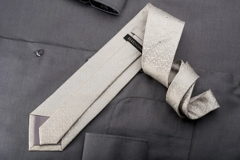 Elle Homme Men's Silk Necktie Sparkling Rhinestones On Ivory White Woven Silk