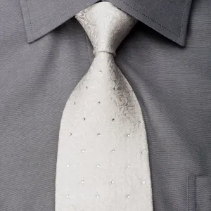 Elle Homme Men's Silk Necktie Sparkling Rhinestones On Ivory White Woven Silk