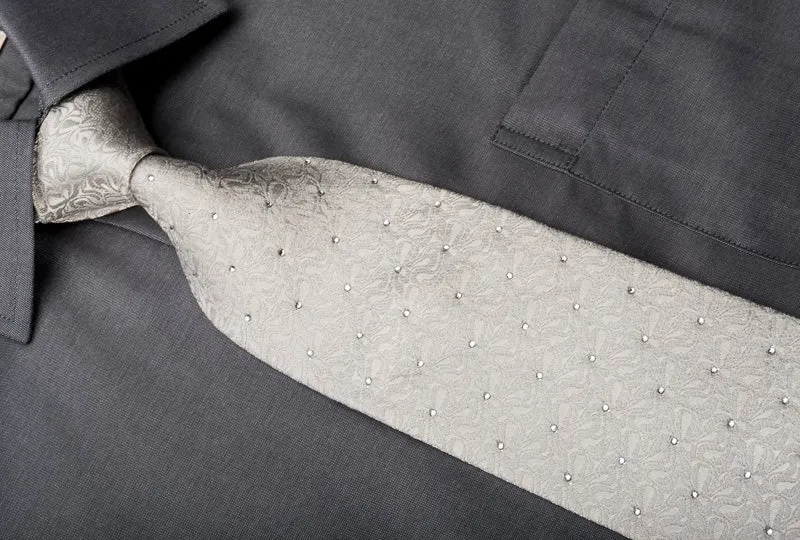 Elle Homme Men's Silk Necktie Sparkling Rhinestones On Ivory White Woven Silk