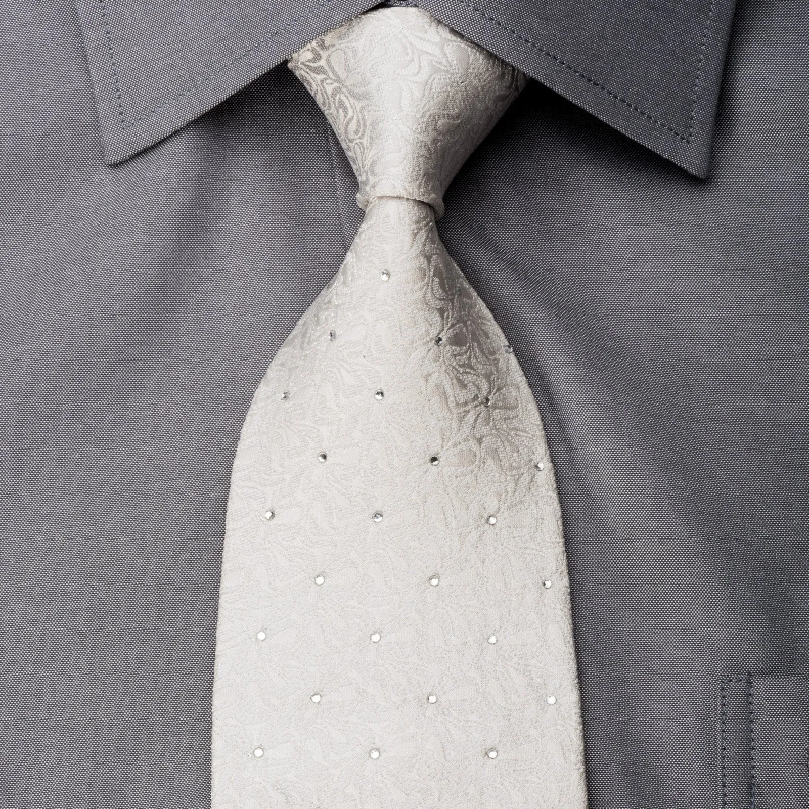 Elle Homme Men's Silk Necktie Sparkling Rhinestones On Ivory White Woven Silk