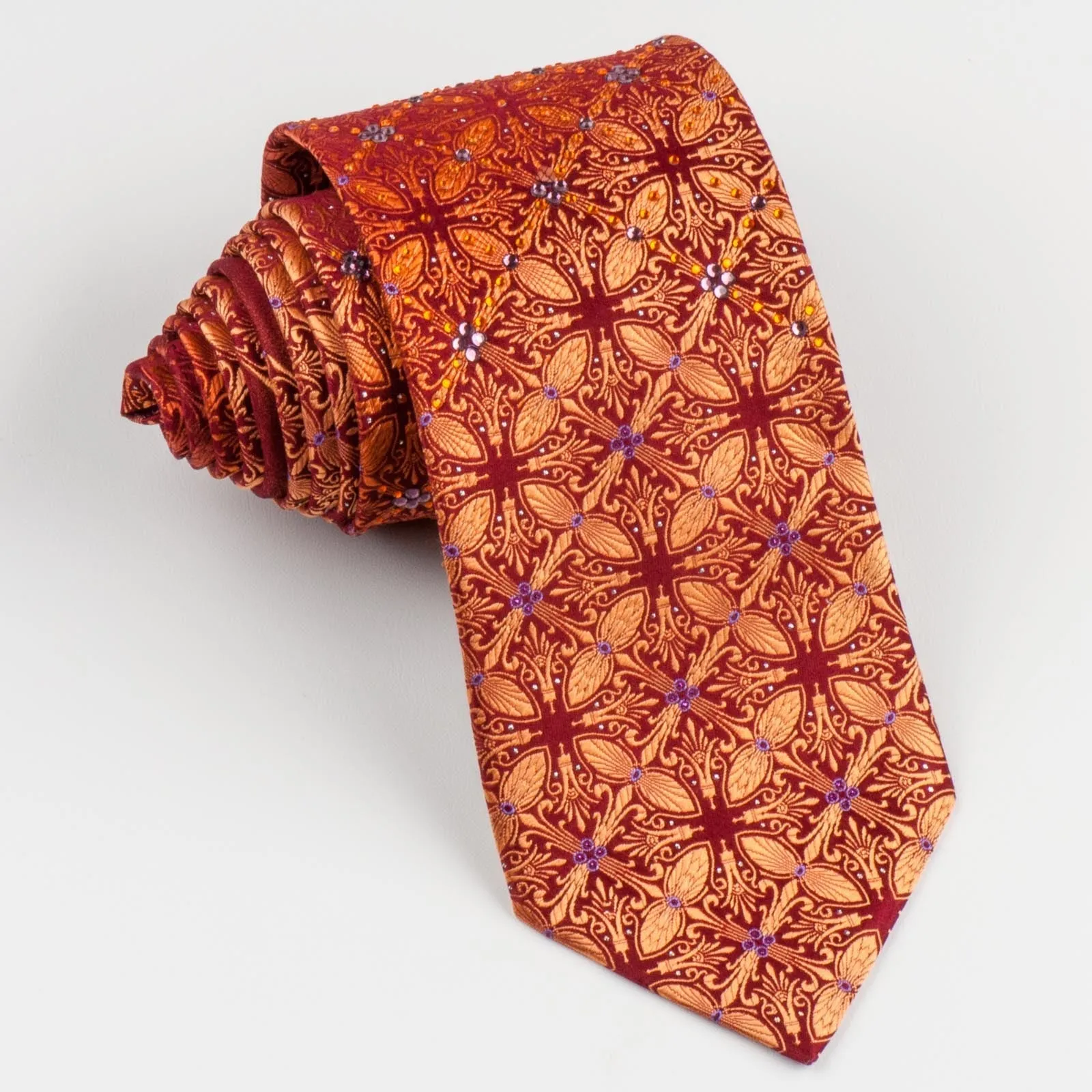 Elle Homme Men's Silk Rhinestone Necktie Orange Fleur De Lis Motif On Burgundy With Sparkles