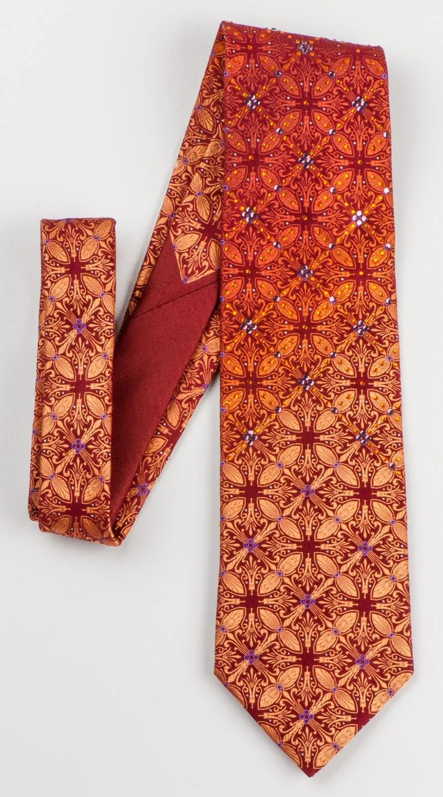 Elle Homme Men's Silk Rhinestone Necktie Orange Fleur De Lis Motif On Burgundy With Sparkles