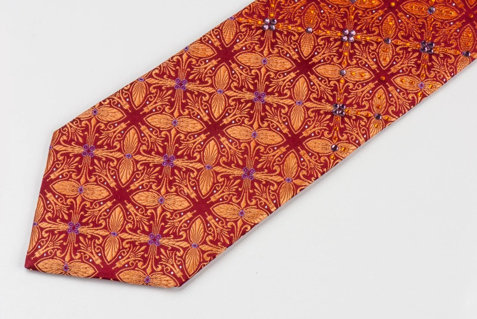 Elle Homme Men's Silk Rhinestone Necktie Orange Fleur De Lis Motif On Burgundy With Sparkles