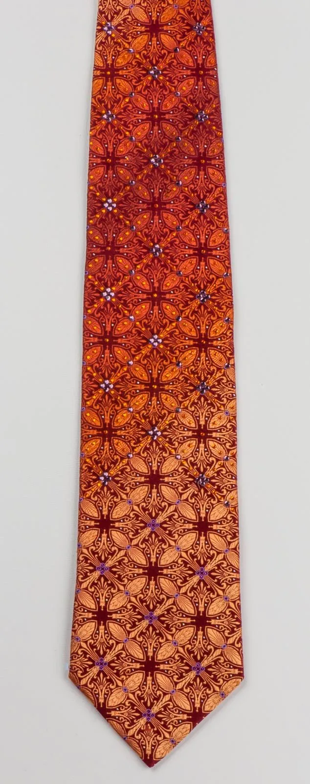 Elle Homme Men's Silk Rhinestone Necktie Orange Fleur De Lis Motif On Burgundy With Sparkles