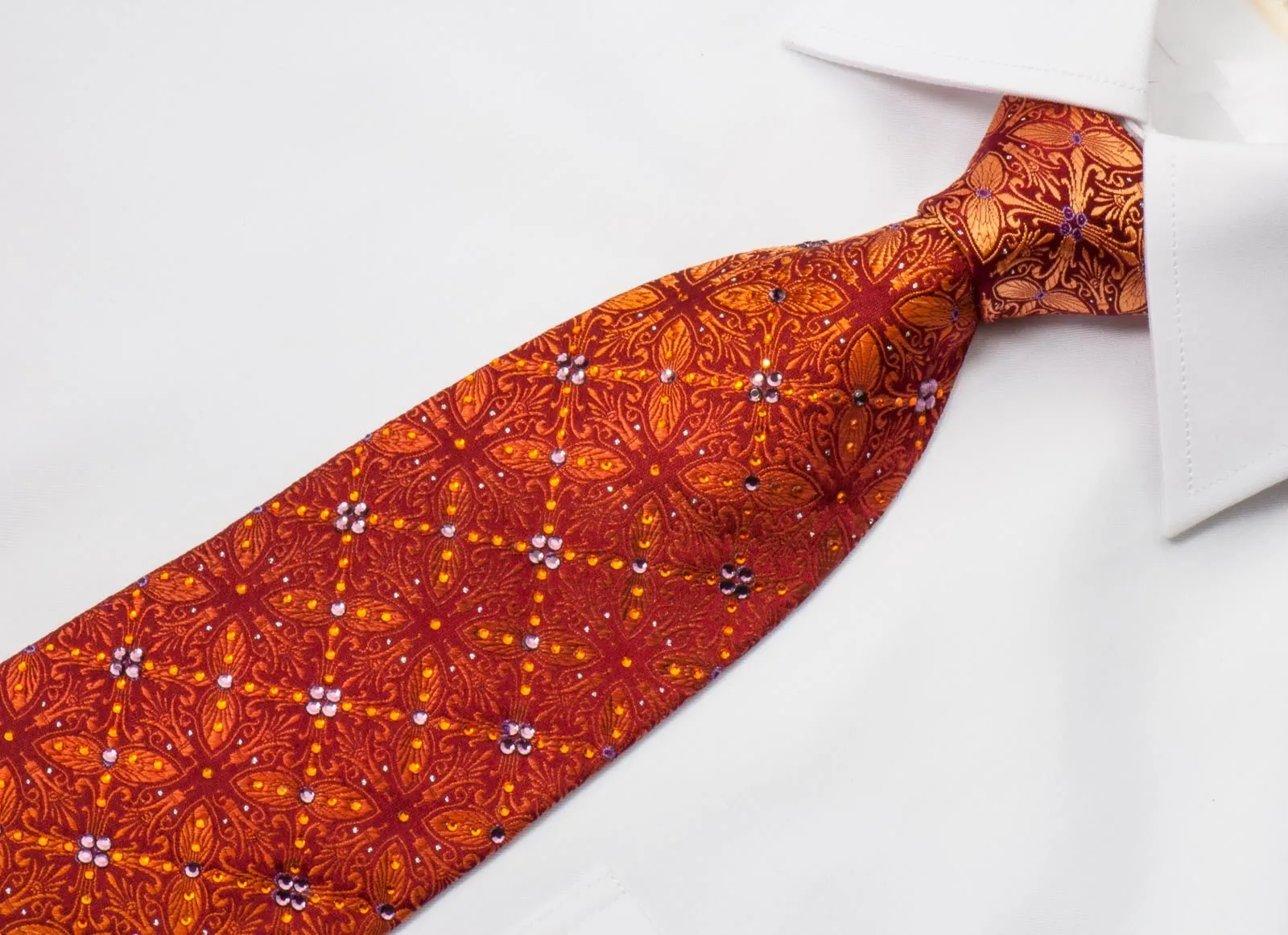 Elle Homme Men's Silk Rhinestone Necktie Orange Fleur De Lis Motif On Burgundy With Sparkles