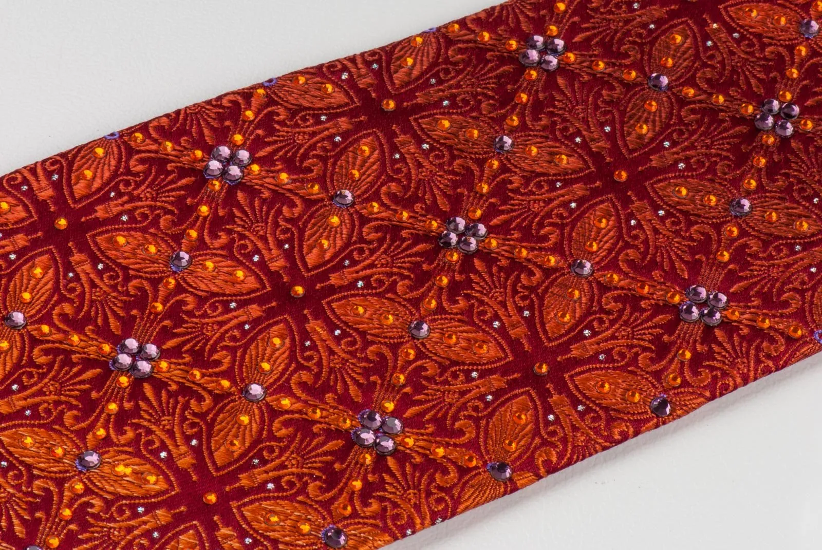 Elle Homme Men's Silk Rhinestone Necktie Orange Fleur De Lis Motif On Burgundy With Sparkles