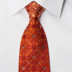 Elle Homme Men's Silk Rhinestone Necktie Orange Fleur De Lis Motif On Burgundy With Sparkles
