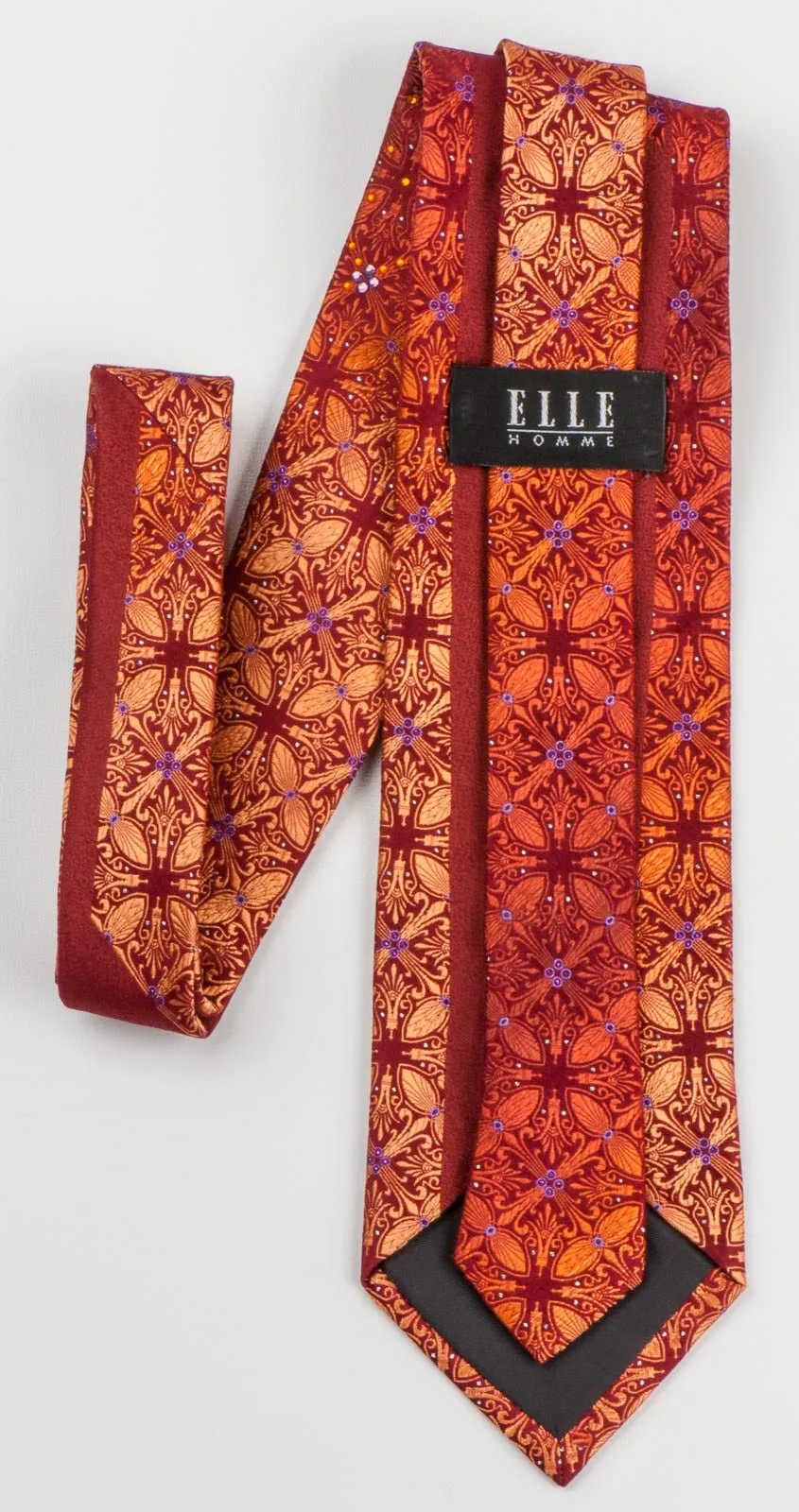Elle Homme Men's Silk Rhinestone Necktie Orange Fleur De Lis Motif On Burgundy With Sparkles