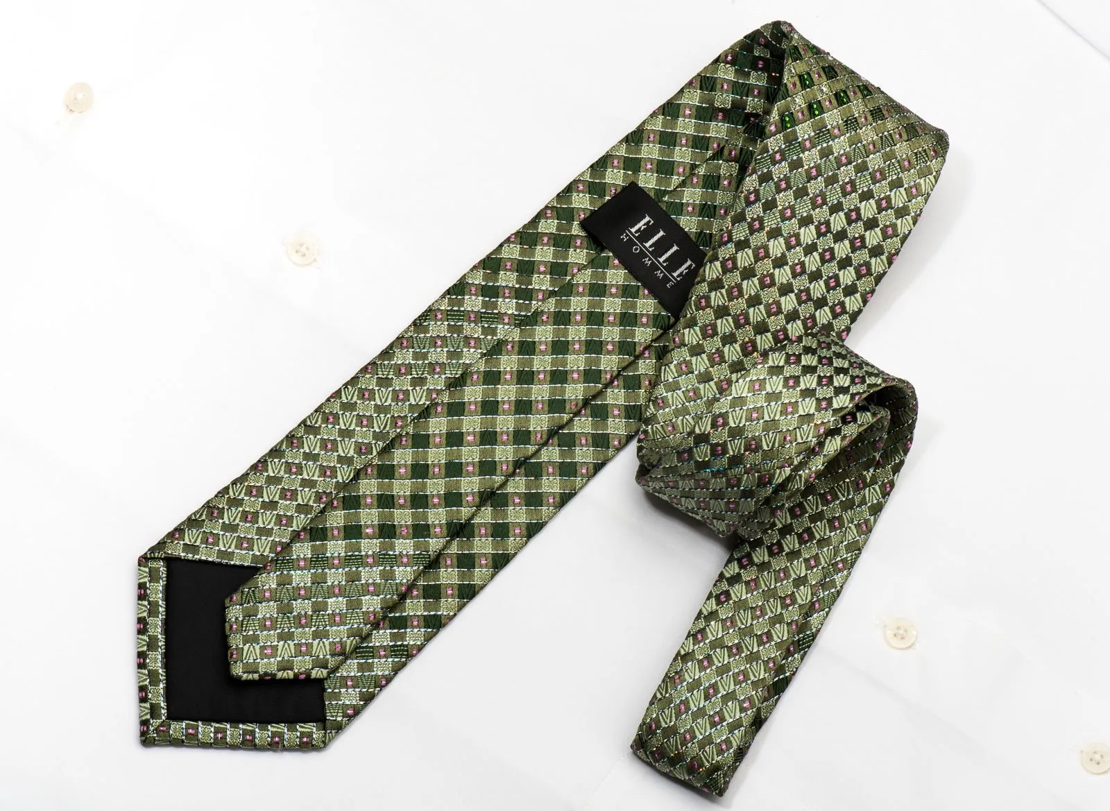 Elle Homme Men's Silk Tie Checkered On Green Sparkling With Rhinestones