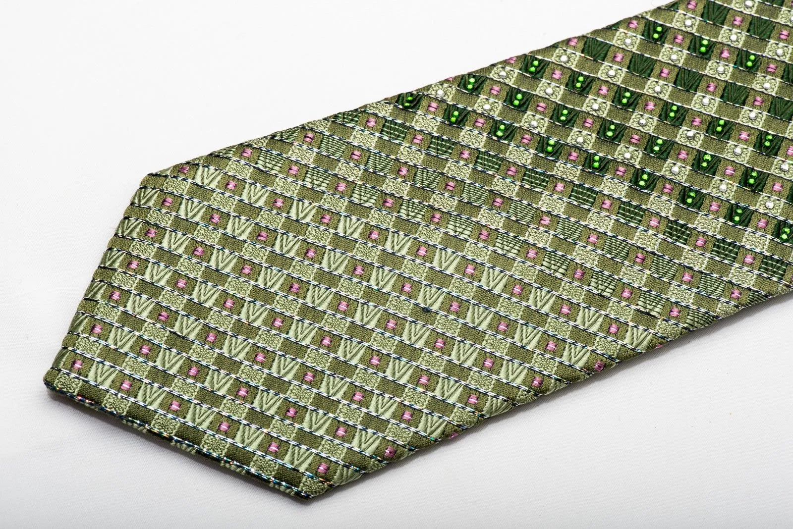 Elle Homme Men's Silk Tie Checkered On Green Sparkling With Rhinestones