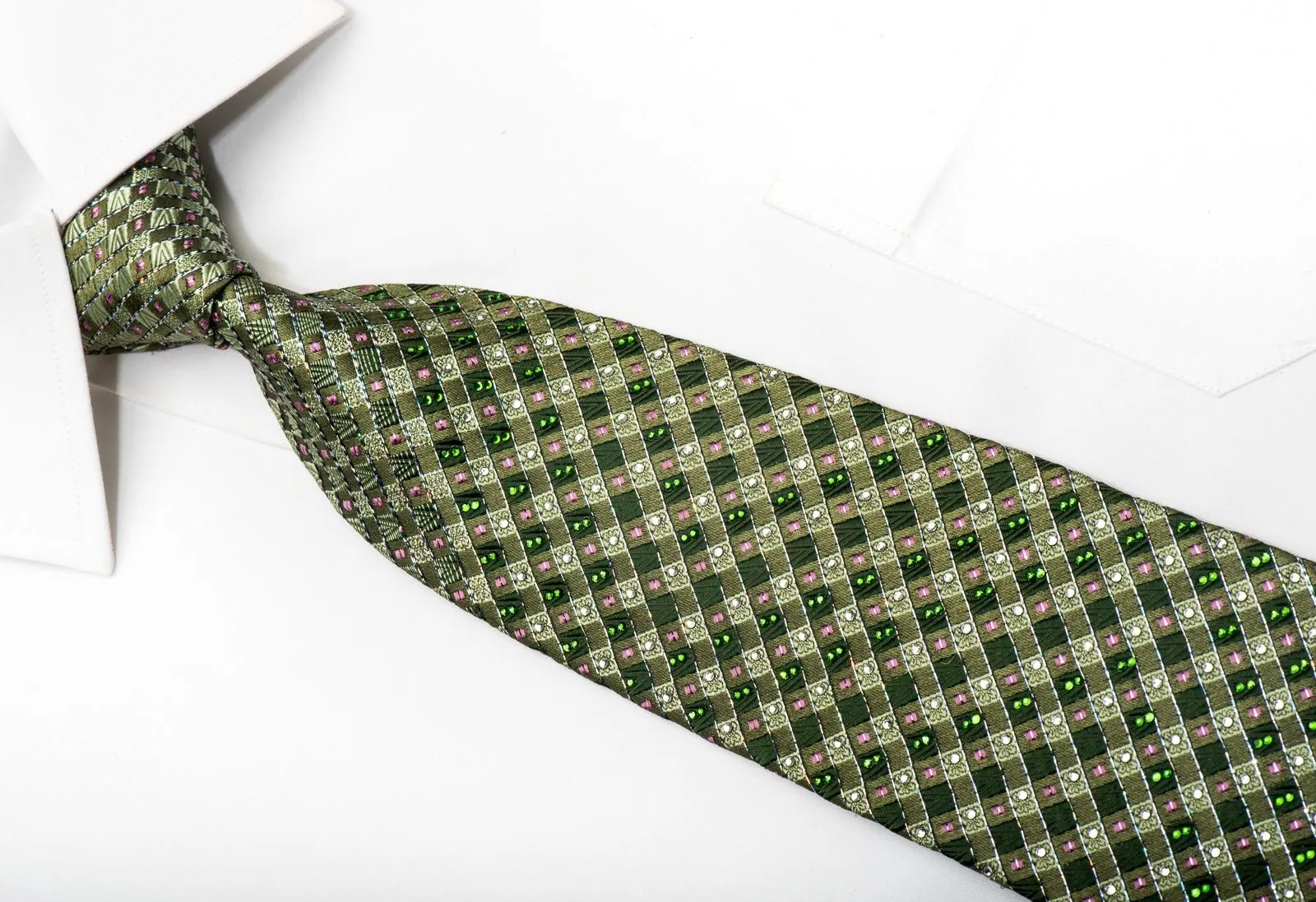 Elle Homme Men's Silk Tie Checkered On Green Sparkling With Rhinestones