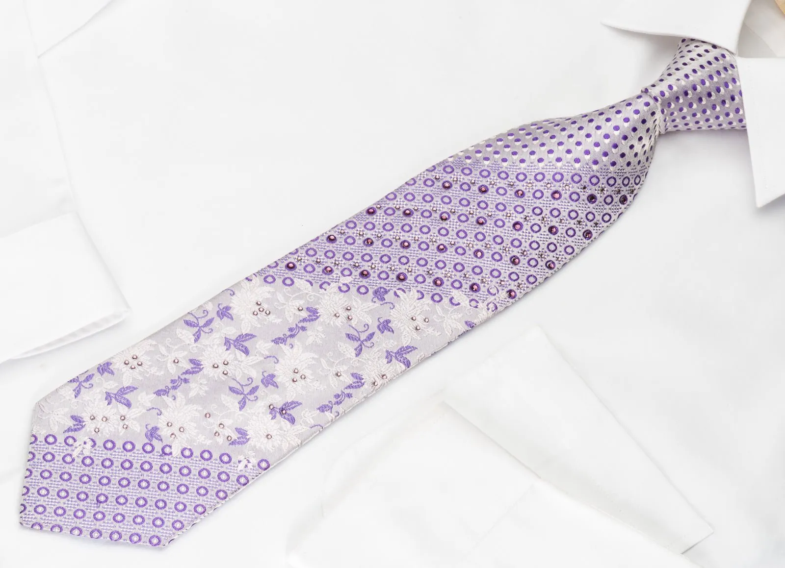 Elle Homme Silk Tie Purple Floral & Geometric On Mauve With Rhinestones