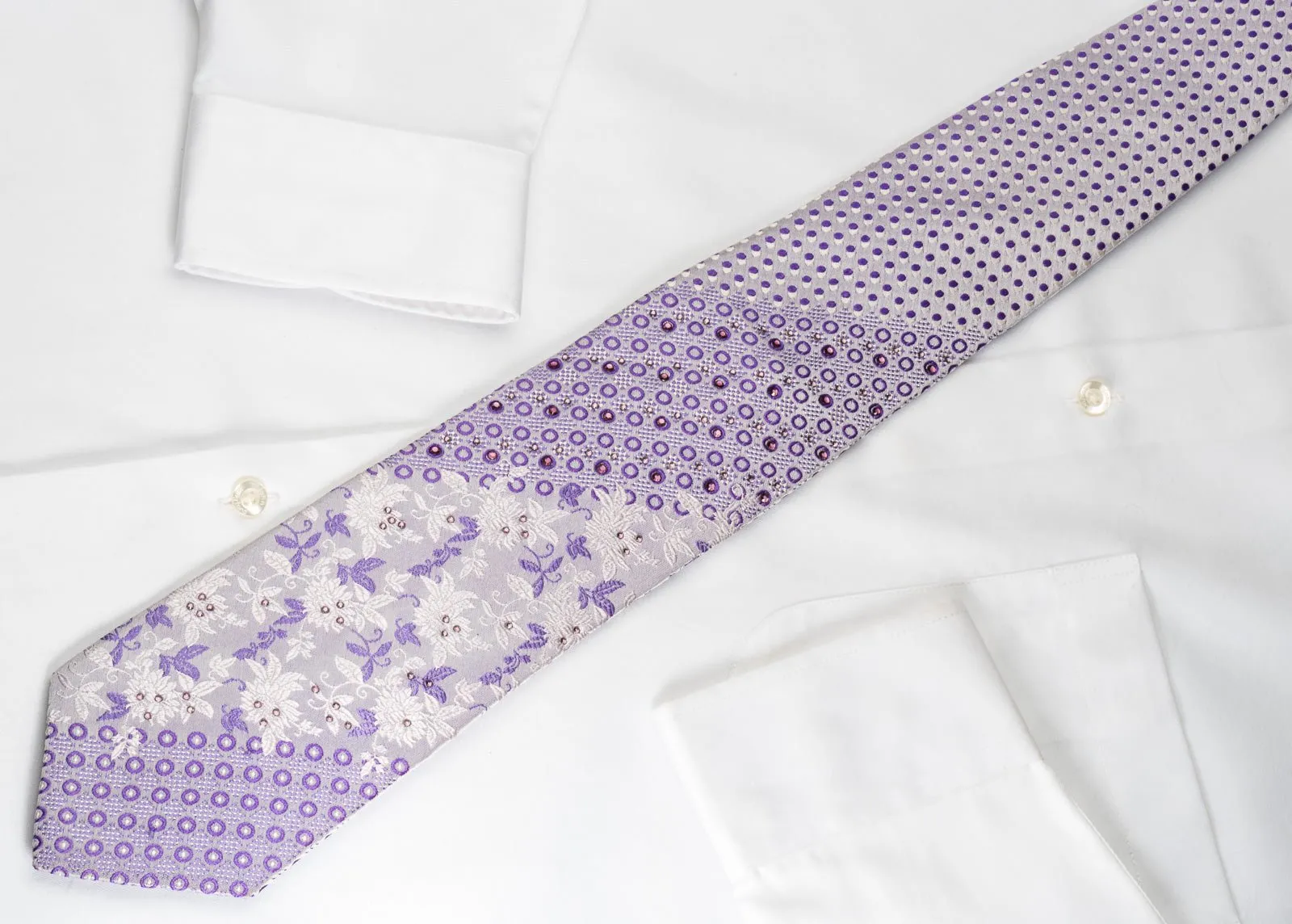 Elle Homme Silk Tie Purple Floral & Geometric On Mauve With Rhinestones
