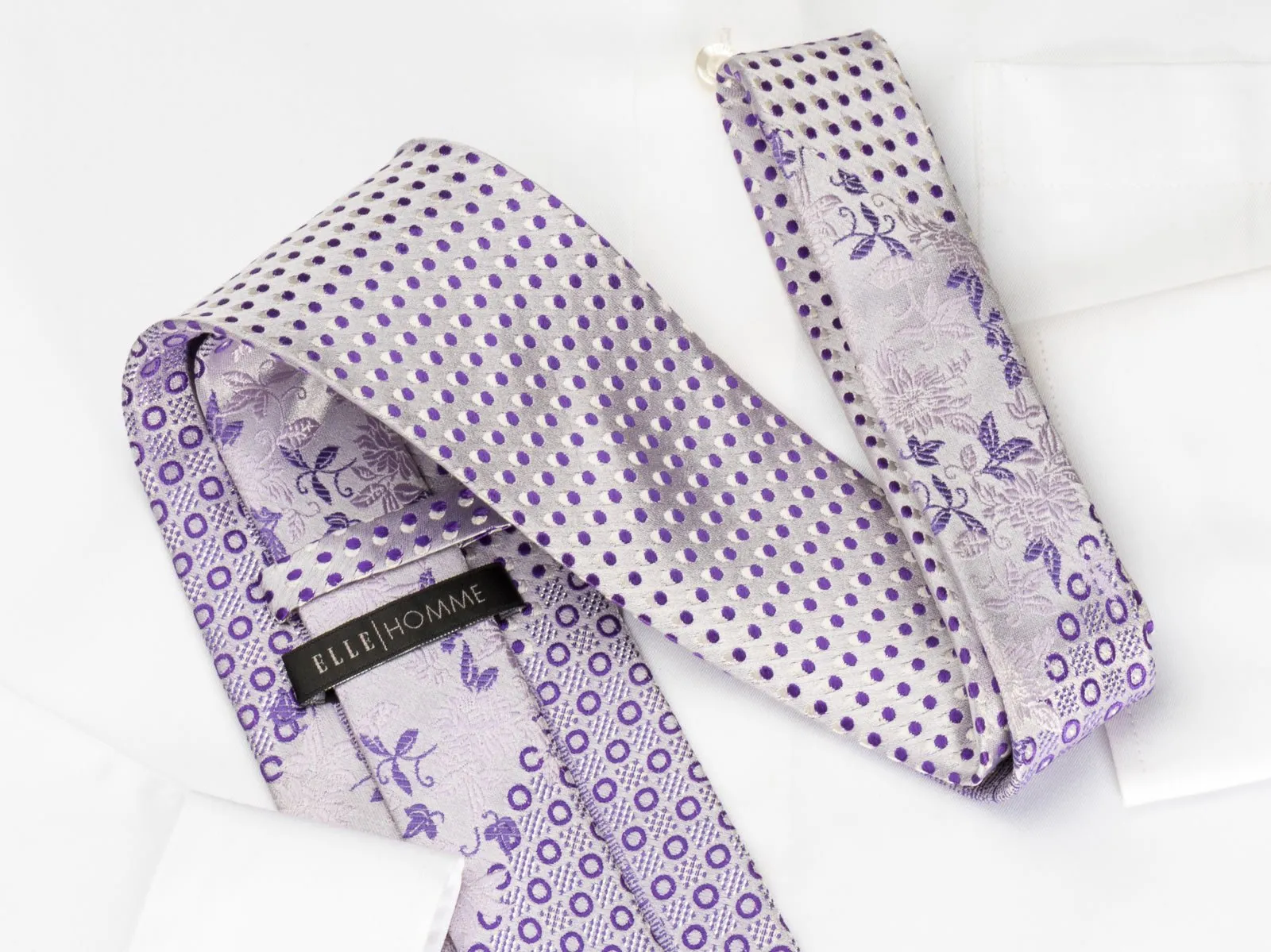 Elle Homme Silk Tie Purple Floral & Geometric On Mauve With Rhinestones