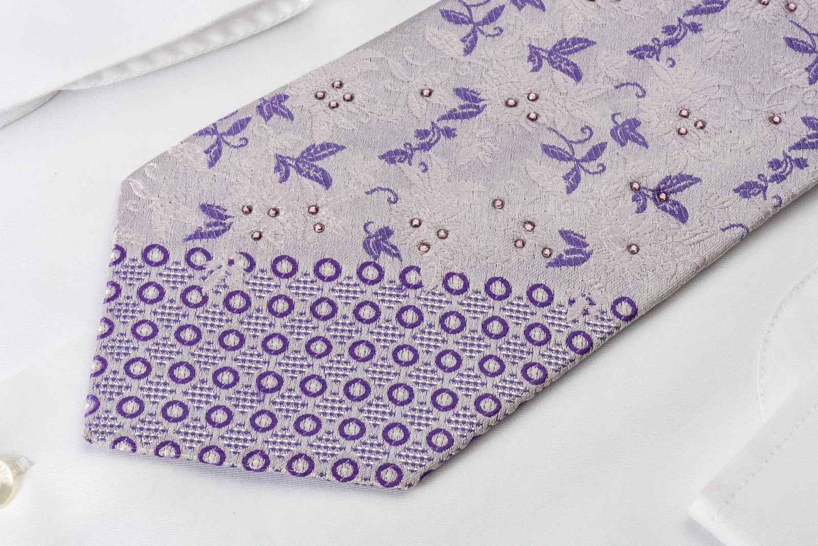 Elle Homme Silk Tie Purple Floral & Geometric On Mauve With Rhinestones
