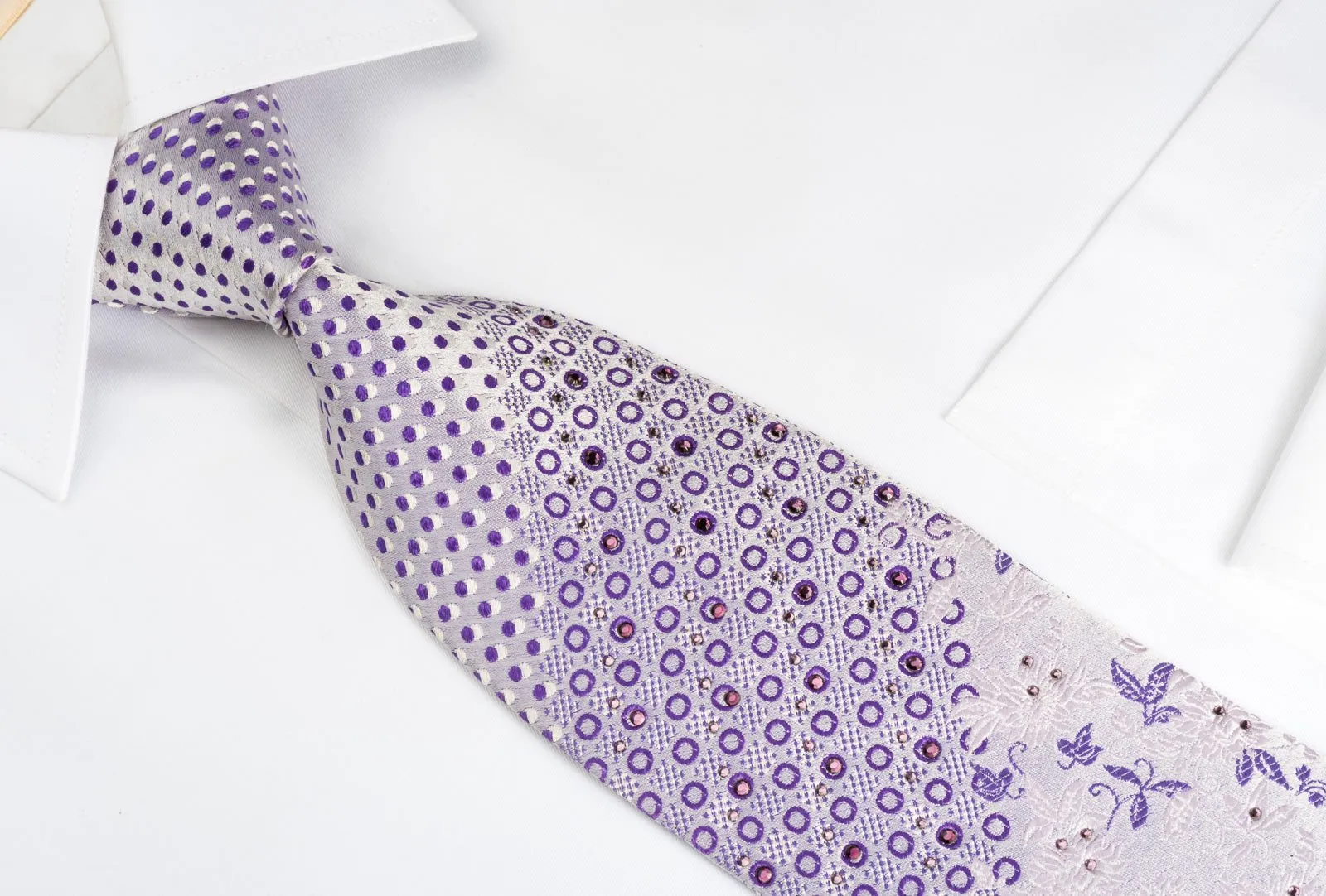 Elle Homme Silk Tie Purple Floral & Geometric On Mauve With Rhinestones