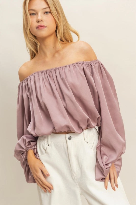 Ellie Elegant Off-shoulder Blouse With Balloon Sleeves Multipurpose Layering Piece Cozy Sweater