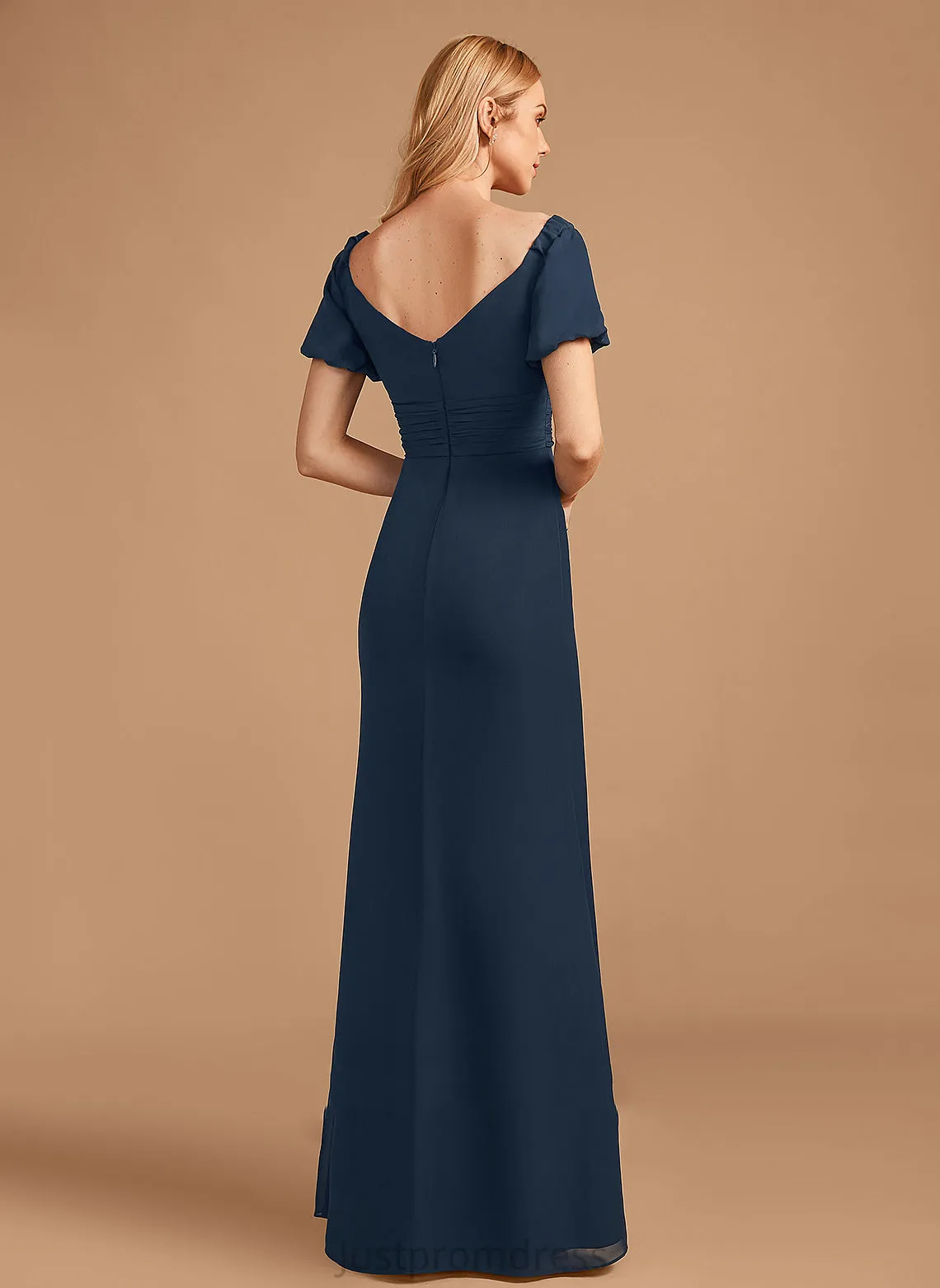 Embellishment SplitFront Sheath/Column Silhouette Floor-Length Neckline V-neck Length Fabric Laney Natural Waist Scoop Bridesmaid Dresses