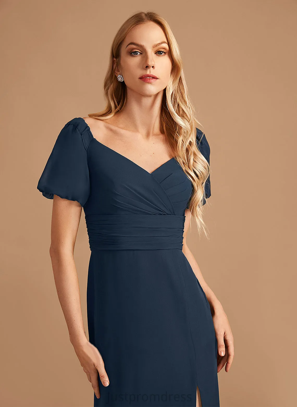 Embellishment SplitFront Sheath/Column Silhouette Floor-Length Neckline V-neck Length Fabric Laney Natural Waist Scoop Bridesmaid Dresses