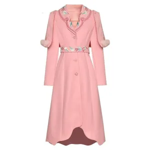 Embroidered belt Slim Elegant pink long coats Warm Overcoat