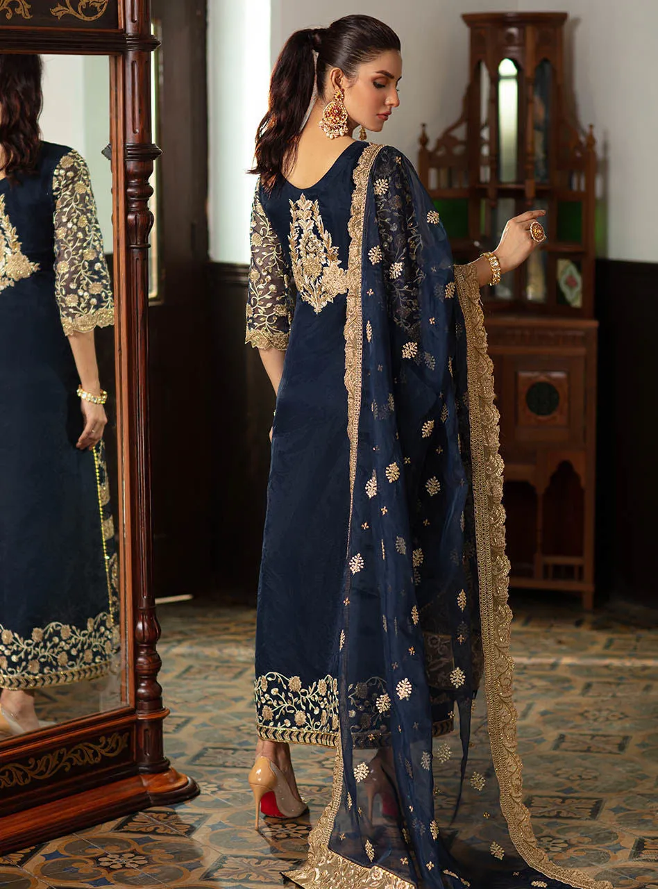 Embroidered Pakistani Suit In Navy Blue Color #PF235