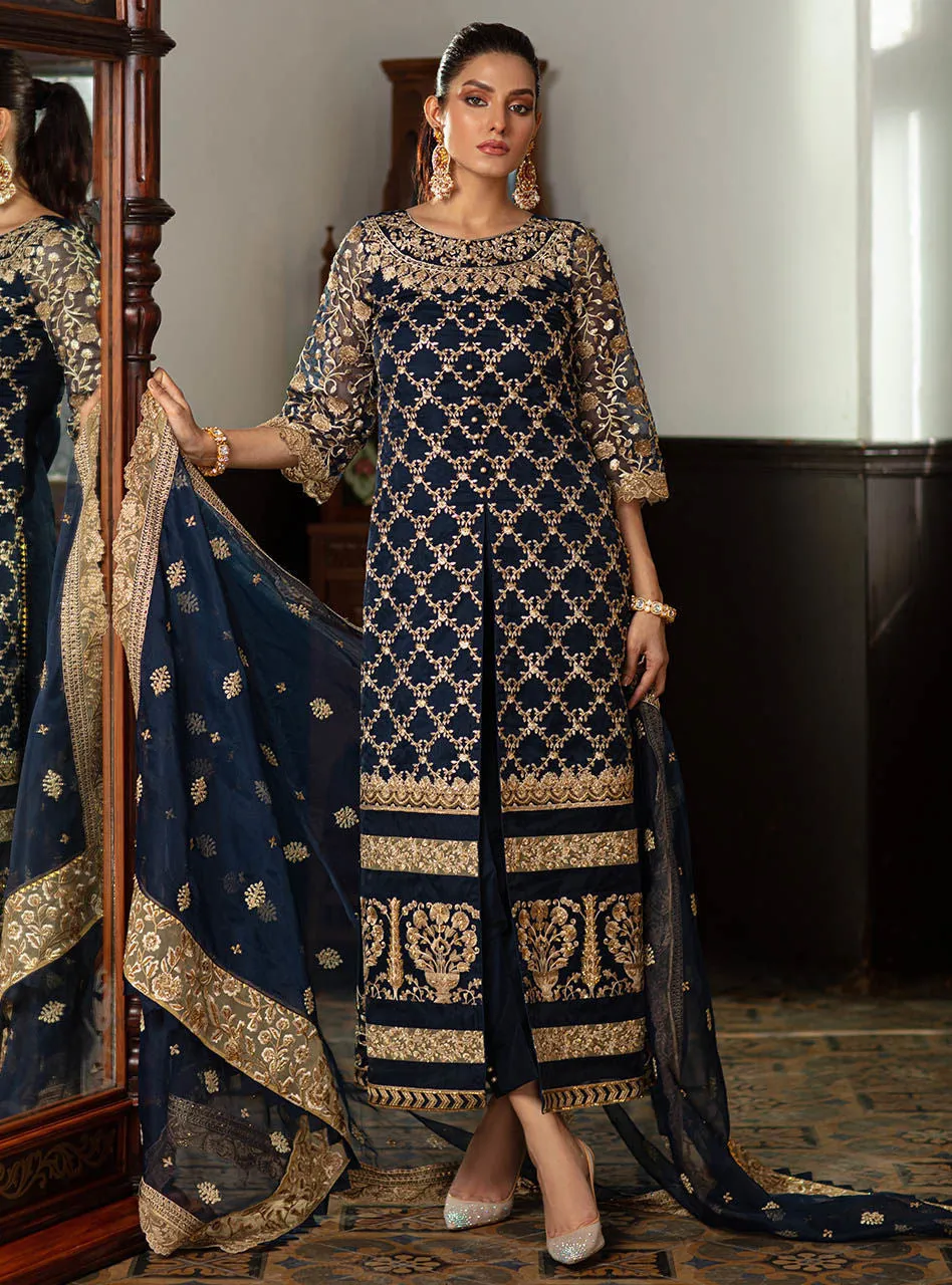 Embroidered Pakistani Suit In Navy Blue Color #PF235
