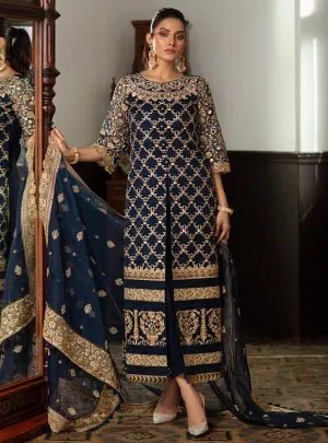 Embroidered Pakistani Suit In Navy Blue Color #PF235
