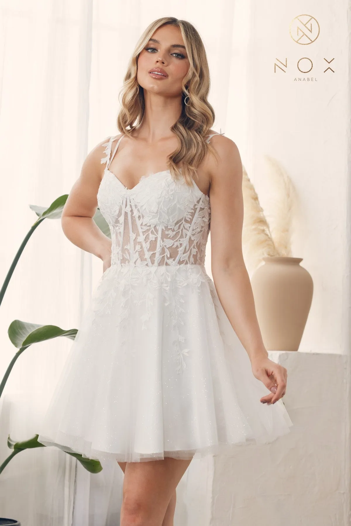Embroidered Short Glitter Tulle Dress_H784