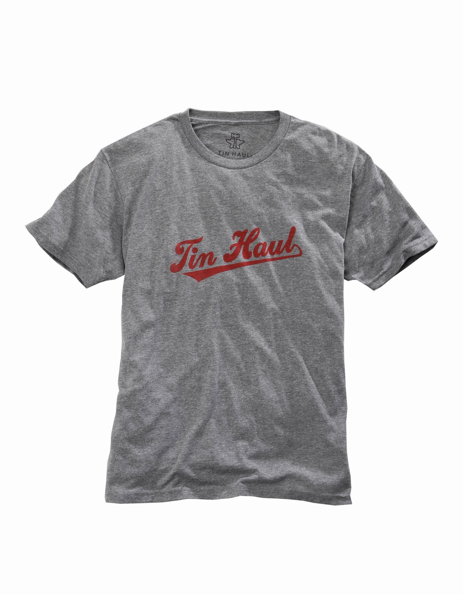 Tin Haul Unisex Grey/Red Athletic Script S/S T-Shirt hypoallergenic