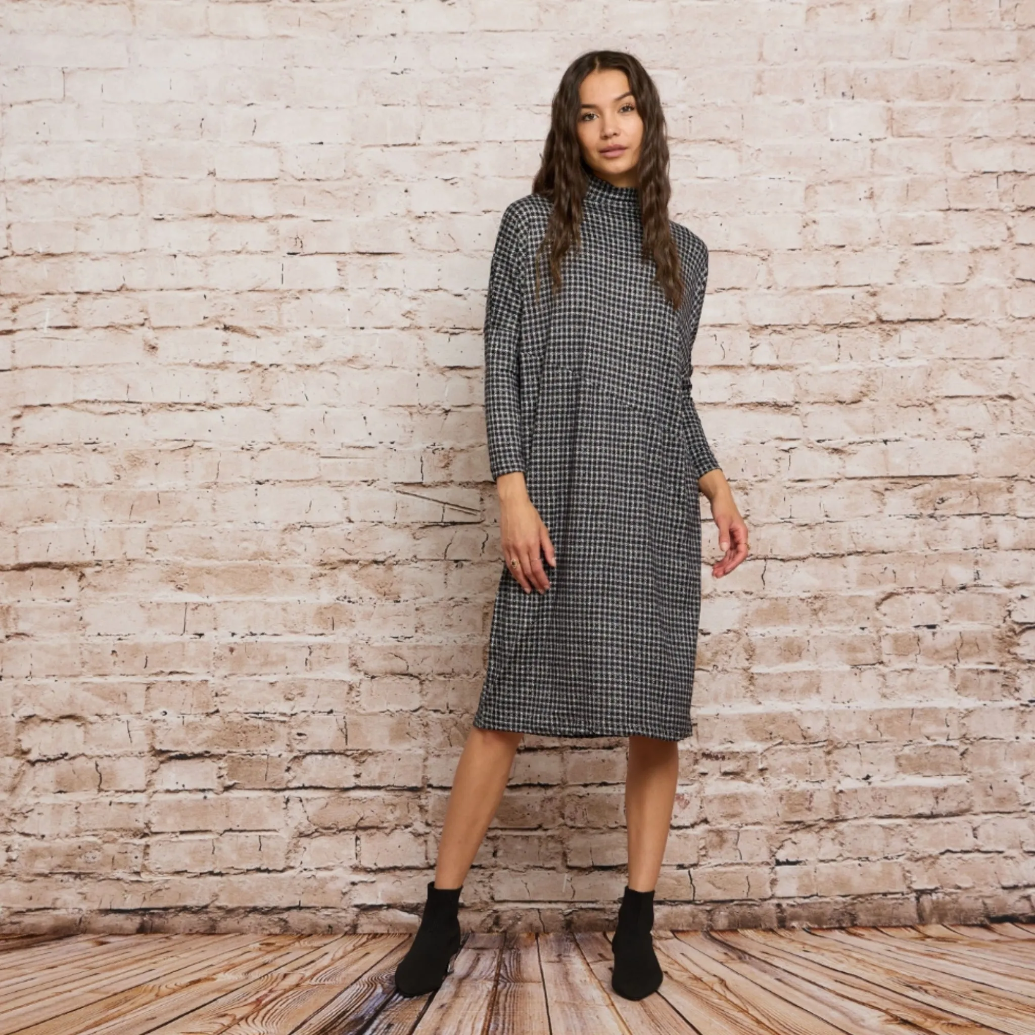 Emery Mock Neck Dress Black Checkered