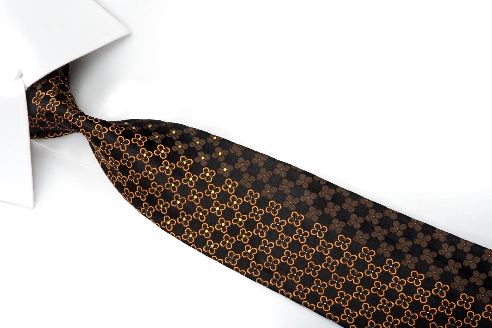 Emprise Men's Rhinestone Silk Necktie Orange Foulard On Brown With Silver Sparkles