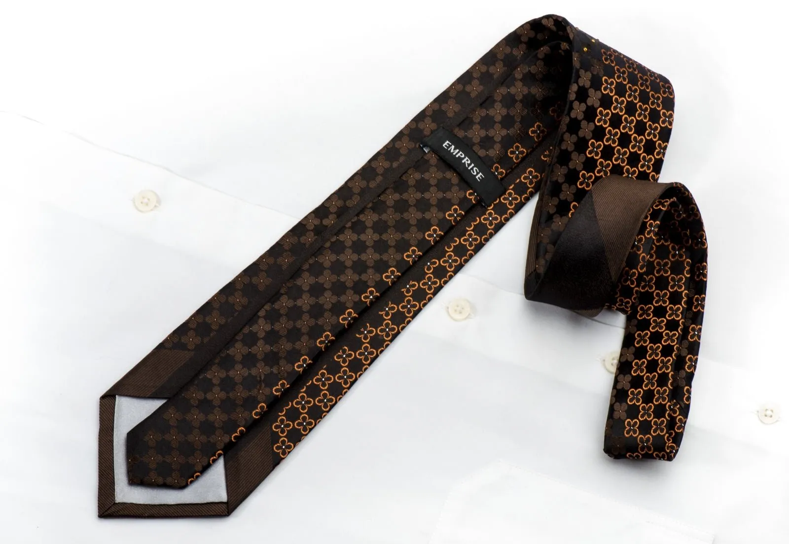 Emprise Men's Rhinestone Silk Necktie Orange Foulard On Brown With Silver Sparkles