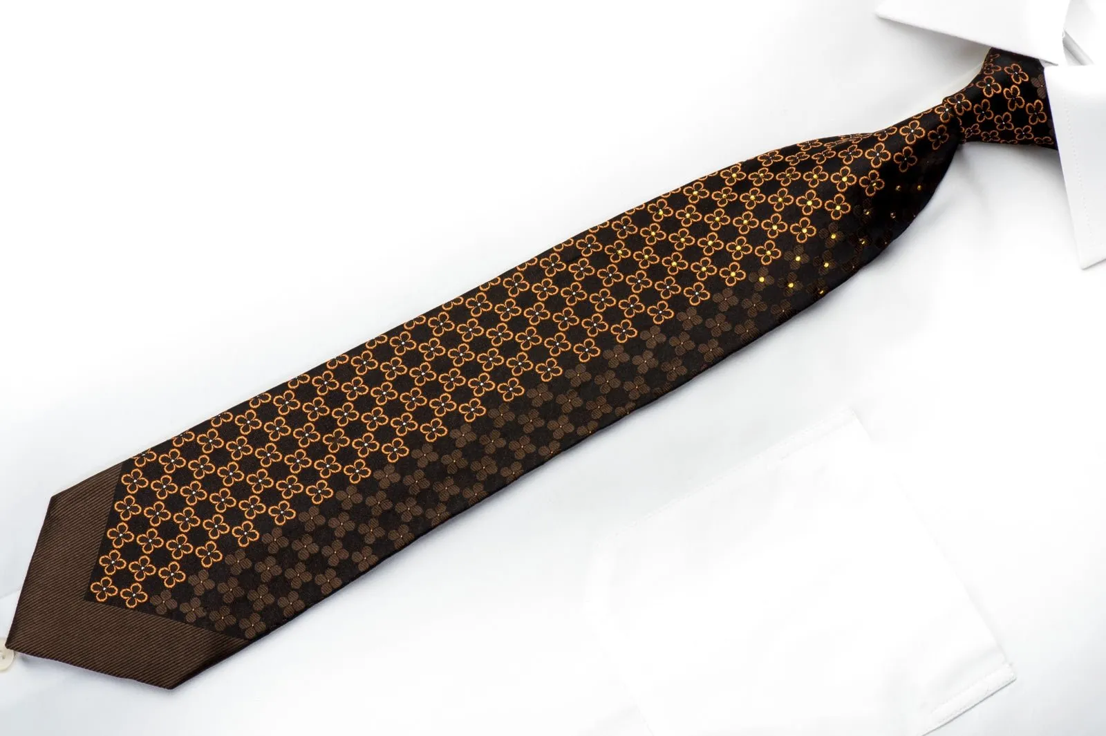 Emprise Men's Rhinestone Silk Necktie Orange Foulard On Brown With Silver Sparkles