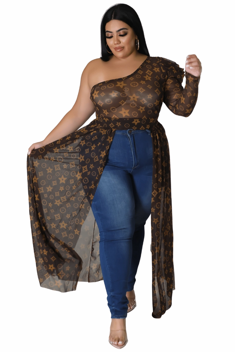 AntiPilling Final Sale Plus Size Mesh One Shoulder Top with Train in Brown and Taupe Design Print