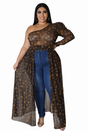 Final Sale Plus Size Mesh One Shoulder Top with Train in Brown and Taupe Design Print Embroidered Detail