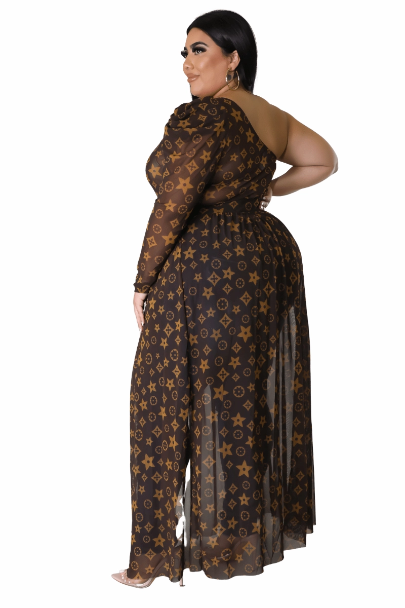 Final Sale Plus Size Mesh One Shoulder Top with Train in Brown and Taupe Design Print DurableConstruction