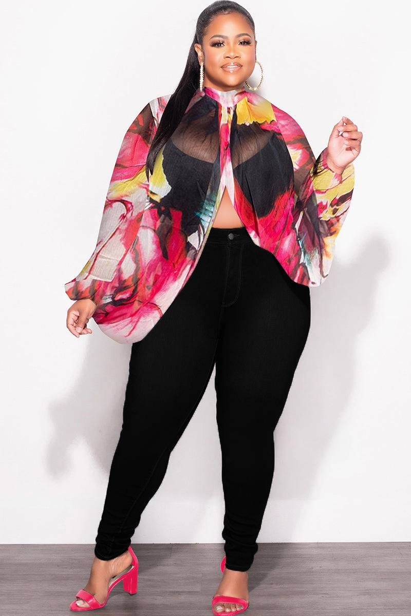 Flexible Gusset Design Final Sale Plus Size Sheer Balloon Sleeve Crop Top in Fuchsia and Black Multi Color