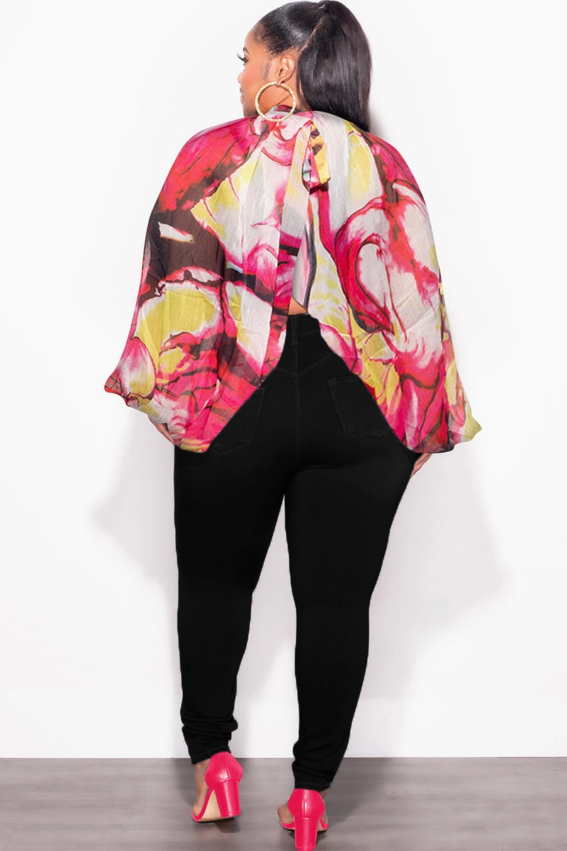 Final Sale Plus Size Sheer Balloon Sleeve Crop Top in Fuchsia and Black Multi Color Flexible Waistband