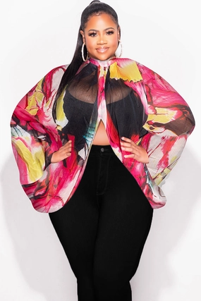 Relaxed Fit Design Final Sale Plus Size Sheer Balloon Sleeve Crop Top in Fuchsia and Black Multi Color