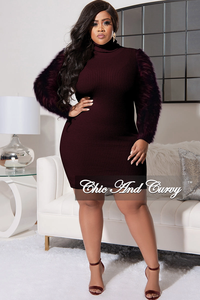Final Sale Plus Size Turtle Neck Sweater Dress with Faux Fur Sleeves in Brown Slim Comfort