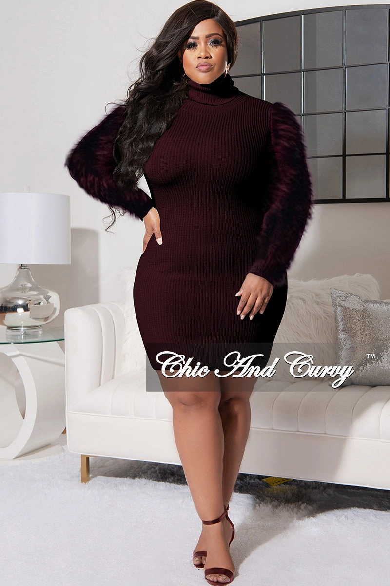 No Wrinkle FlexibleMobilityDesign Final Sale Plus Size Turtle Neck Sweater Dress with Faux Fur Sleeves in Brown