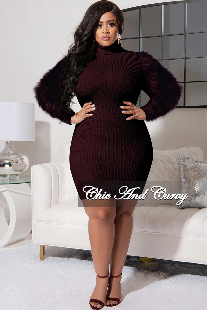Comfortable Fit Look Versatile Layer Final Sale Plus Size Turtle Neck Sweater Dress with Faux Fur Sleeves in Brown