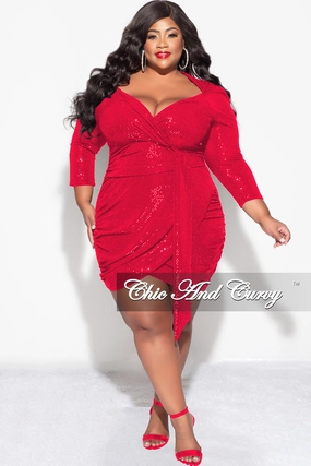 Cozy Lining Final Sale Plus Size Bodycon V-Neck Long Sleeve Confetti Dot Knit Sequin Dress in Red