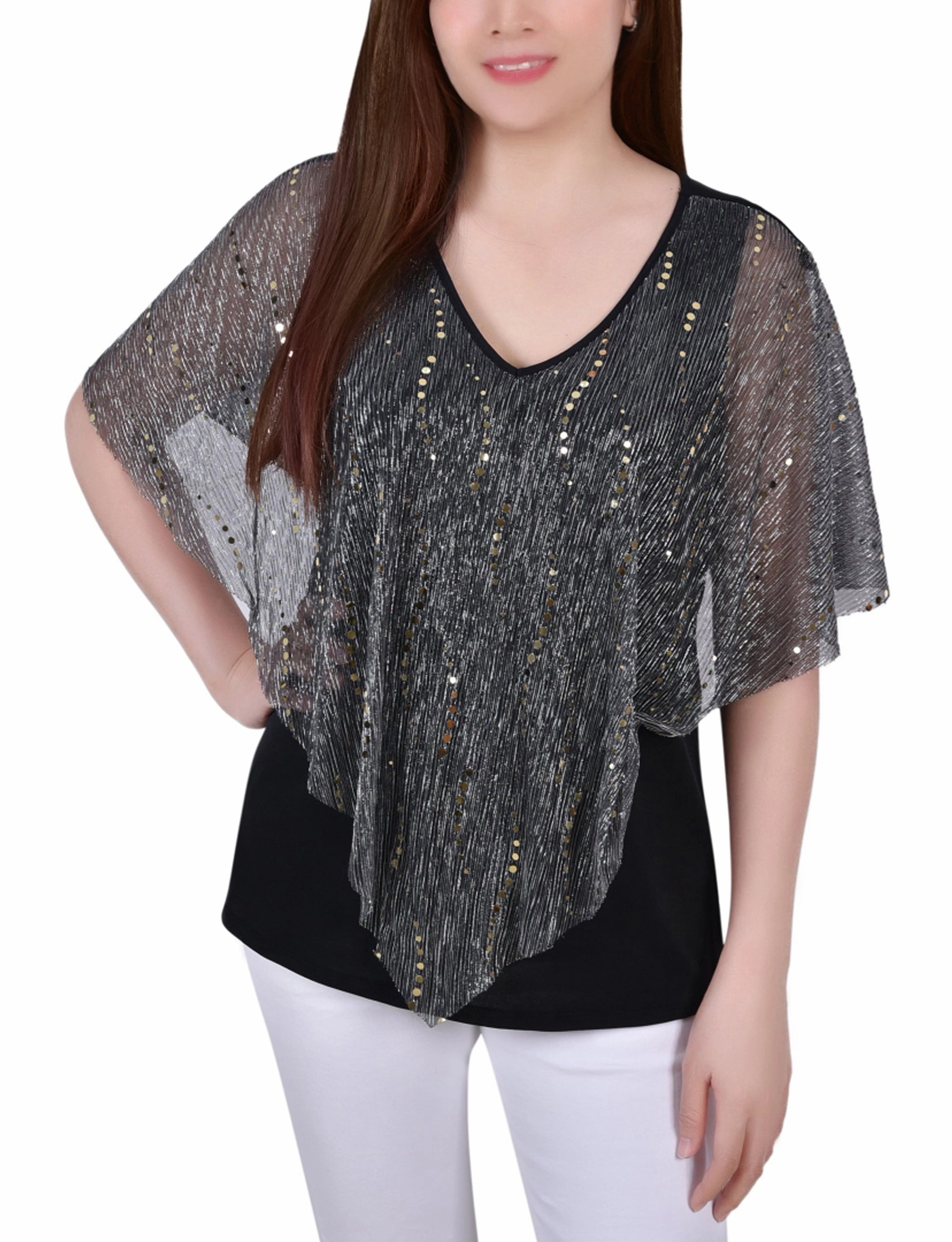 Convertible Design AllDayComfortFit Pleated Mesh Poncho With Foil