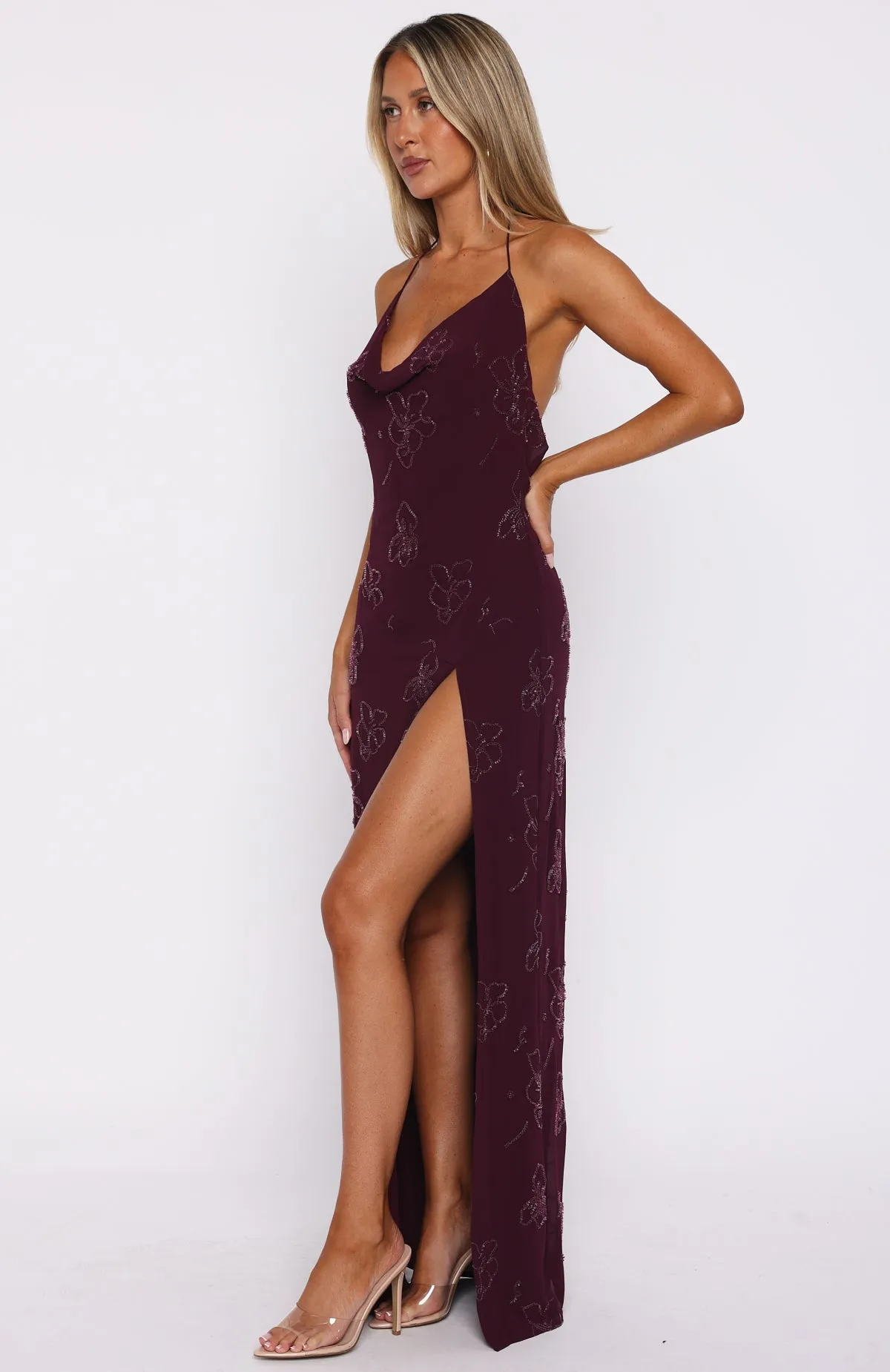 Eco friendly materials Relaxed Silhouette Slow Dancer Beaded Maxi Dress Deep Plum