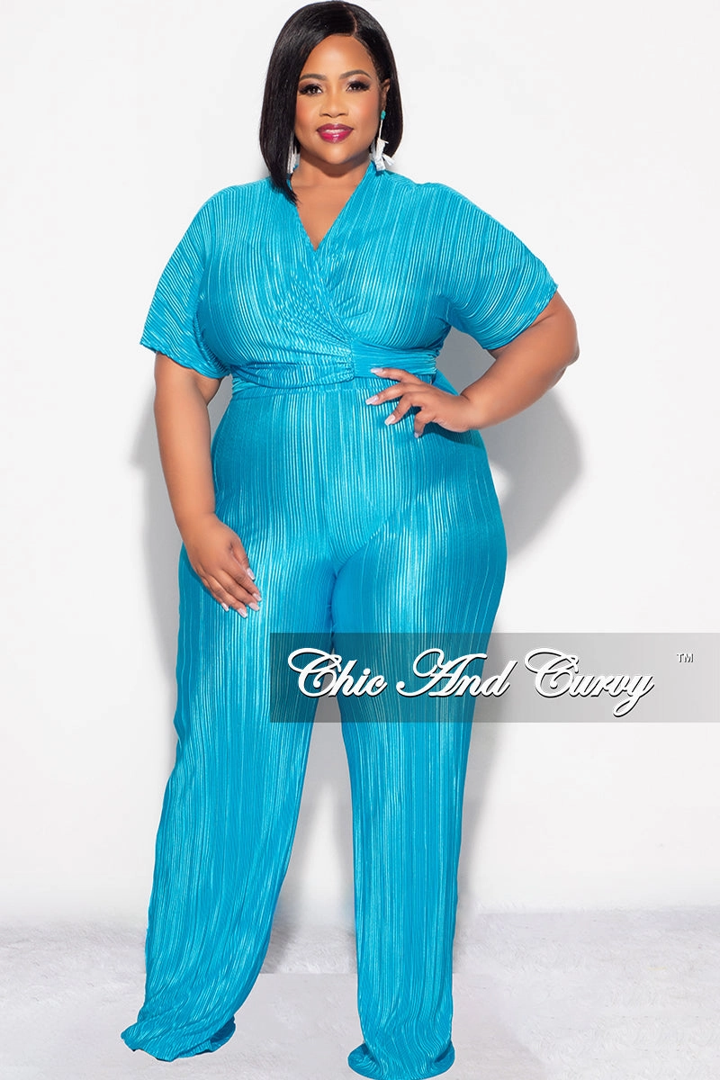 Basic Style Final Sale Plus Size 2pc Pleated Top and Pants Set in Turquoise