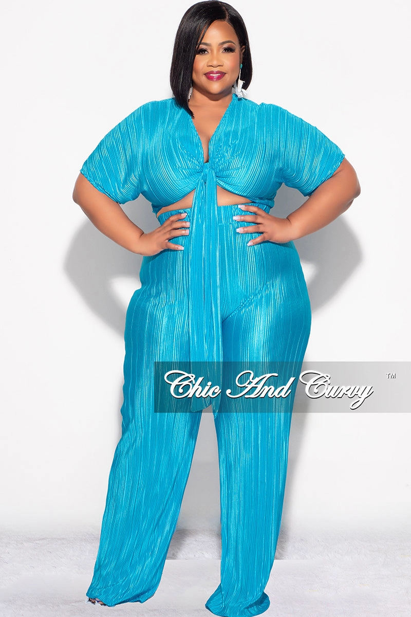 Final Sale Plus Size 2pc Pleated Top and Pants Set in Turquoise Minimal Waistband